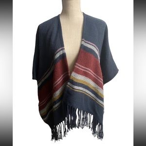 HOLLISTER Poncho Women's Navy Blue Multi Color Blanket Fringe Hem XS/S